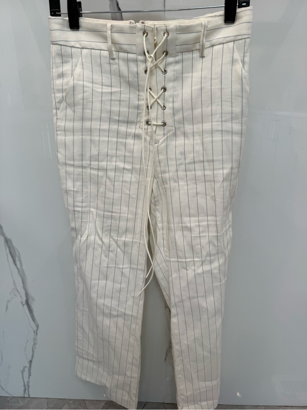 Veronica Beard White Pinstripe Lace-Up Chinos